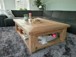 Eiken salontafel met 2 lade's, gerookt en wit geolied